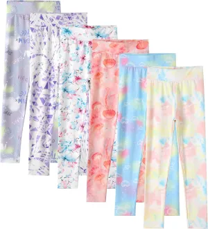 6 Pack Girls Printed Leggings Girls High Waisted Yoga Pants Girls Full Length Leggings Kids Stretchy Pants