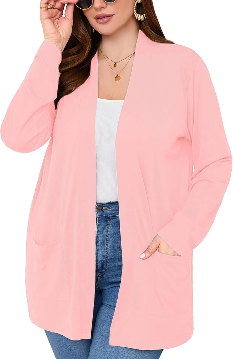 AusLook Women's Plus Size Lightweight Open Front Cardigan 3/4 Sleeve Cover Ups Shrugs Shawls and Wraps Kimono Jacket Coat