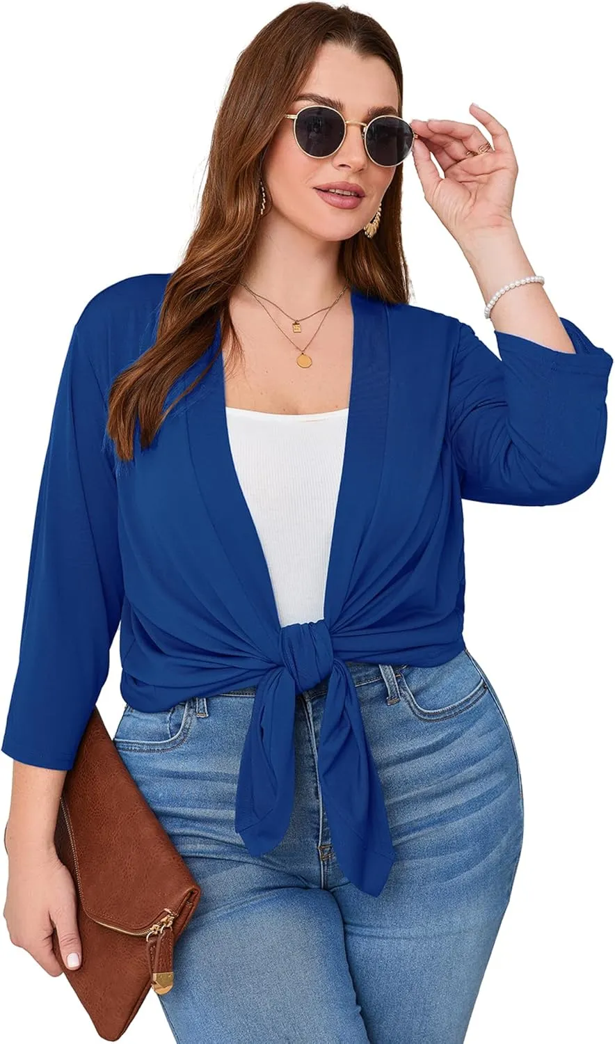 AusLook Women's Plus Size Lightweight Open Front Cardigan 3/4 Sleeve Cover Ups Shrugs Shawls and Wraps Kimono Jacket Coat