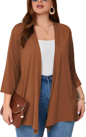 AusLook Women's Plus Size Lightweight Open Front Cardigan 3/4 Sleeve Cover Ups Shrugs Shawls and Wraps Kimono Jacket Coat