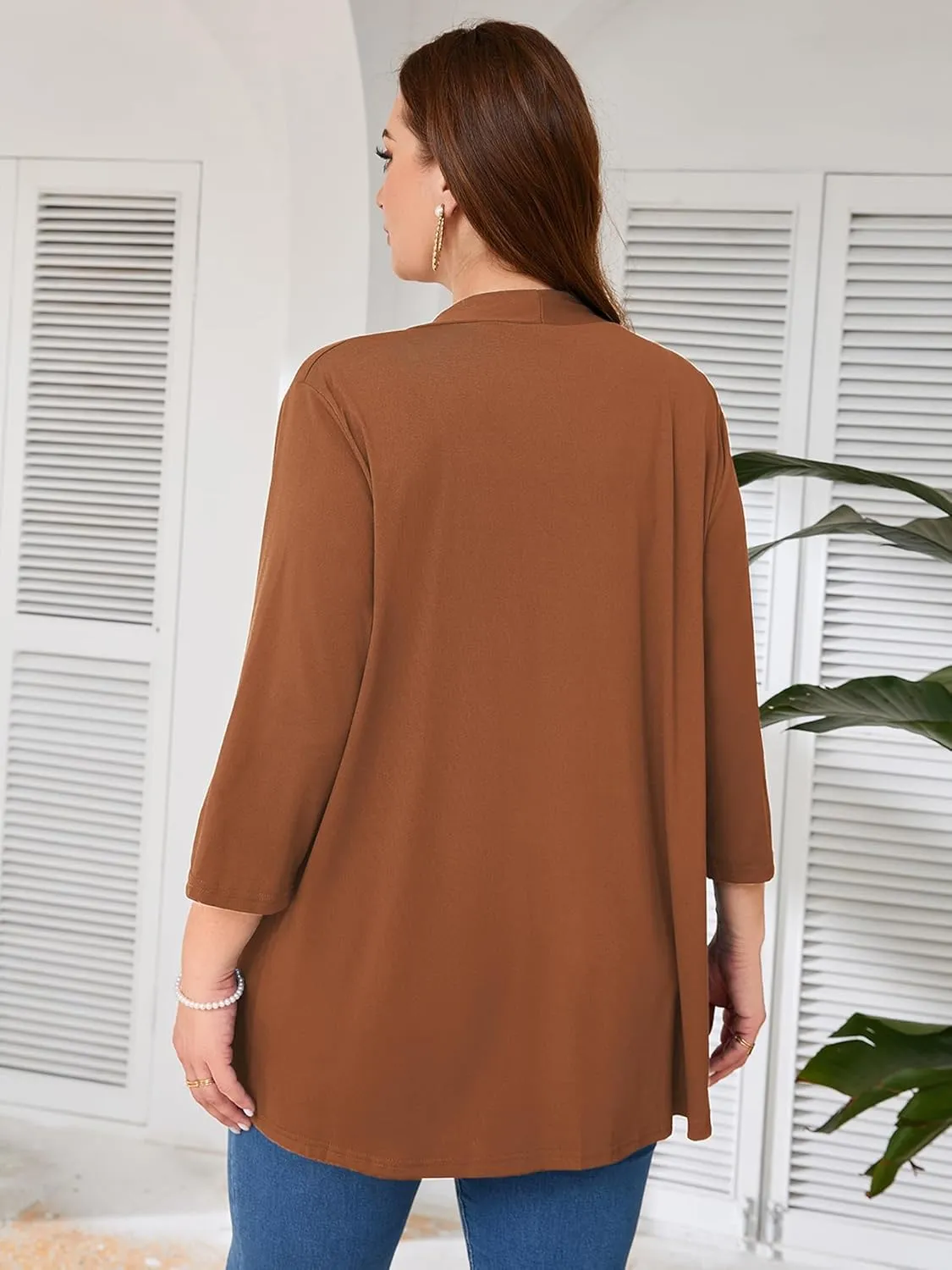 AusLook Women's Plus Size Lightweight Open Front Cardigan 3/4 Sleeve Cover Ups Shrugs Shawls and Wraps Kimono Jacket Coat