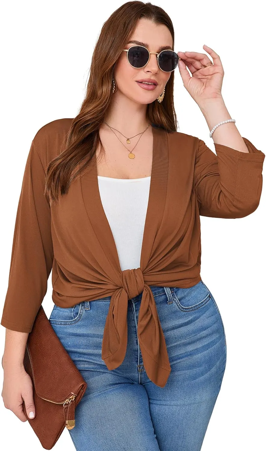 AusLook Women's Plus Size Lightweight Open Front Cardigan 3/4 Sleeve Cover Ups Shrugs Shawls and Wraps Kimono Jacket Coat