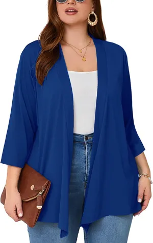 AusLook Women's Plus Size Lightweight Open Front Cardigan 3/4 Sleeve Cover Ups Shrugs Shawls and Wraps Kimono Jacket Coat