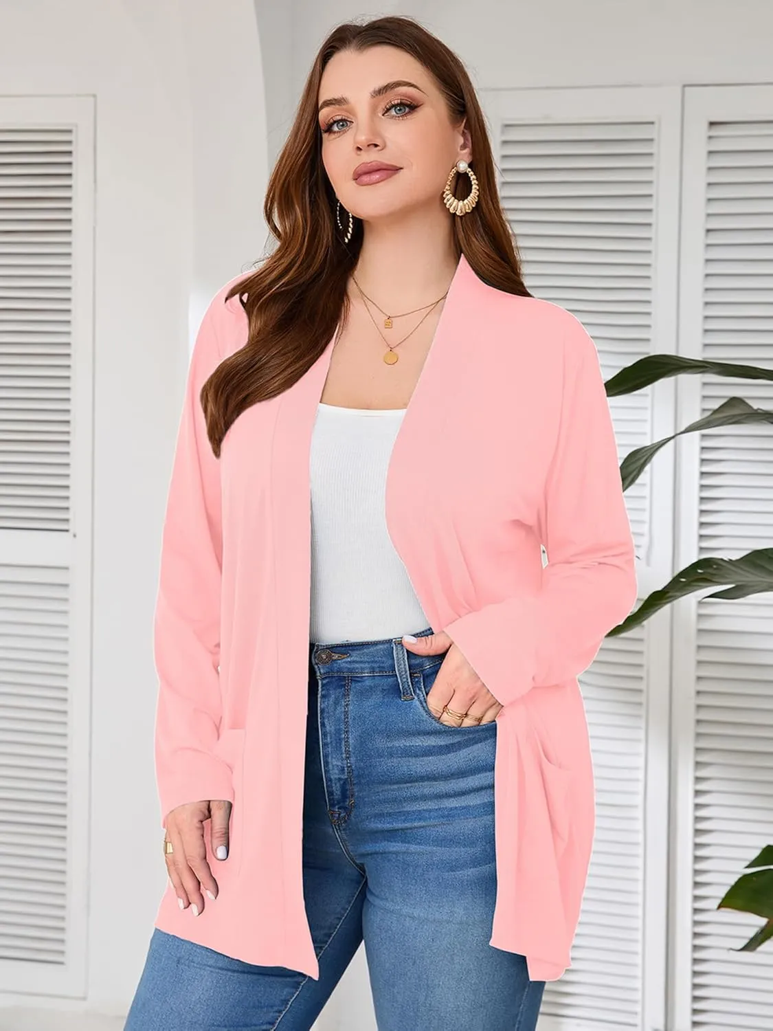 AusLook Women's Plus Size Lightweight Open Front Cardigan 3/4 Sleeve Cover Ups Shrugs Shawls and Wraps Kimono Jacket Coat