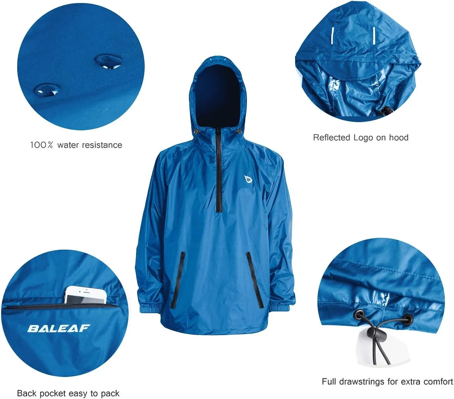 baleaf Men's Light Running Hiking Rain Jacket Waterproof with Hood Windbreaker Pullover Coats Hoodie Packable