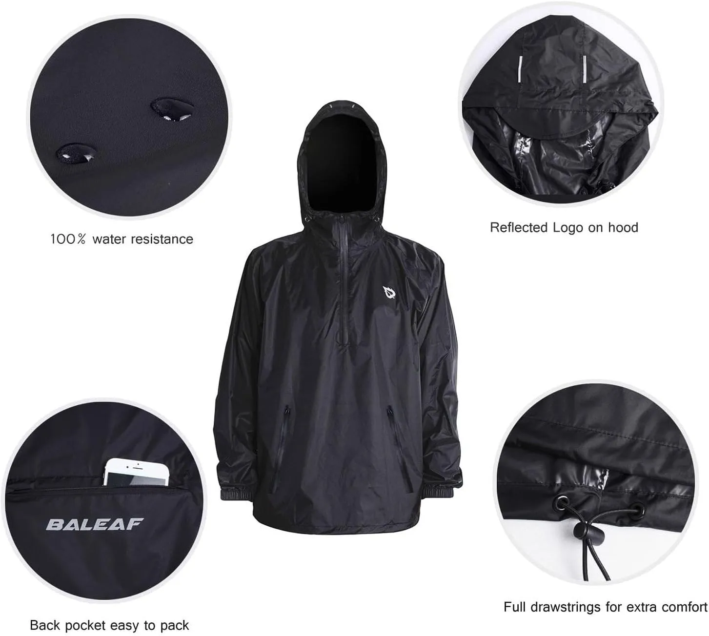 baleaf Men's Light Running Hiking Rain Jacket Waterproof with Hood Windbreaker Pullover Coats Hoodie Packable