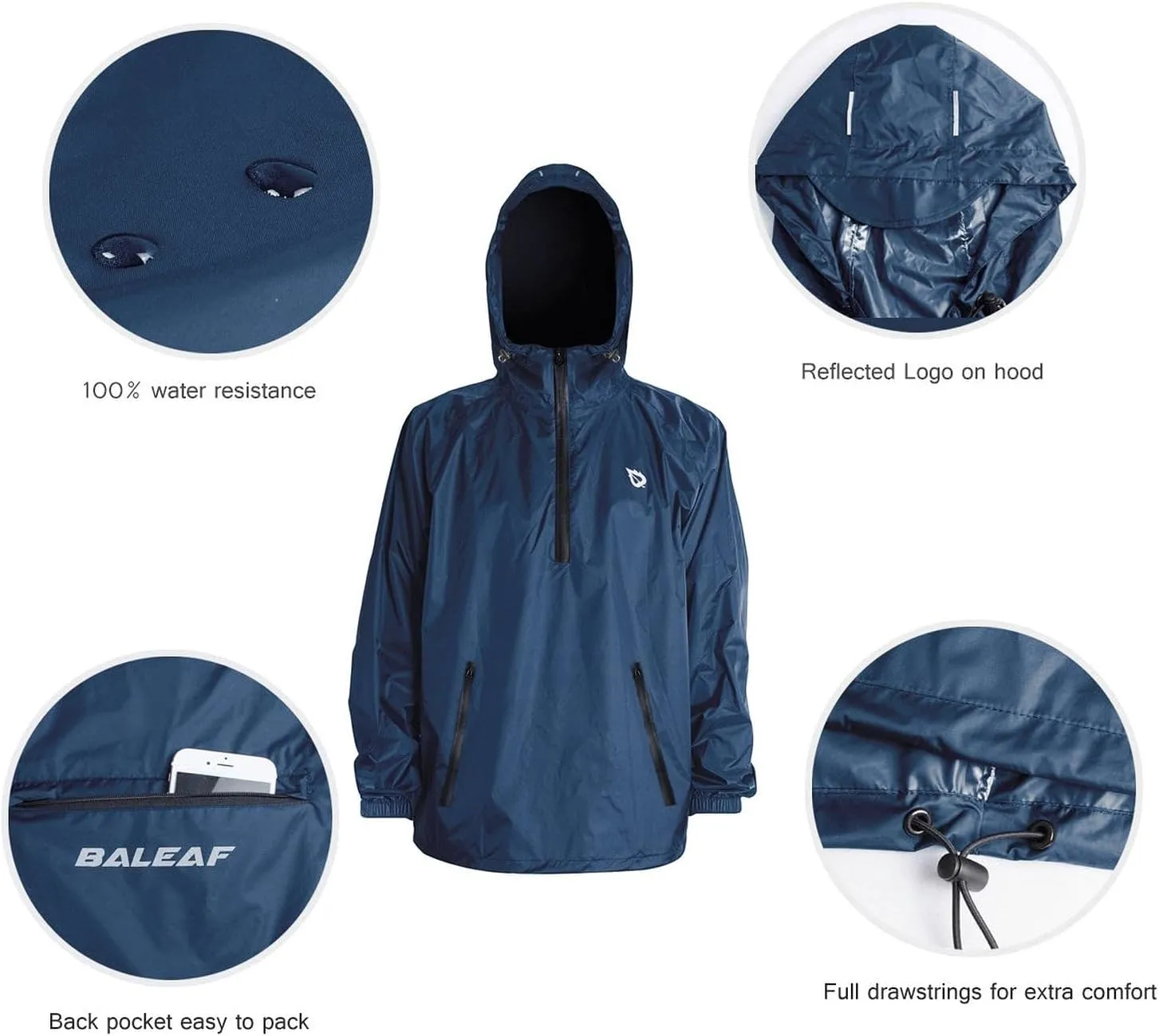 baleaf Men's Light Running Hiking Rain Jacket Waterproof with Hood Windbreaker Pullover Coats Hoodie Packable