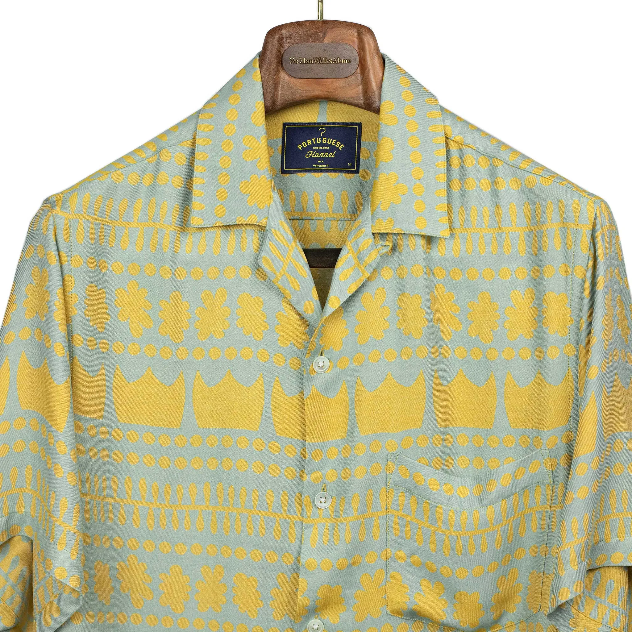 Barca camp collar shirt in seafoam and gold viscose