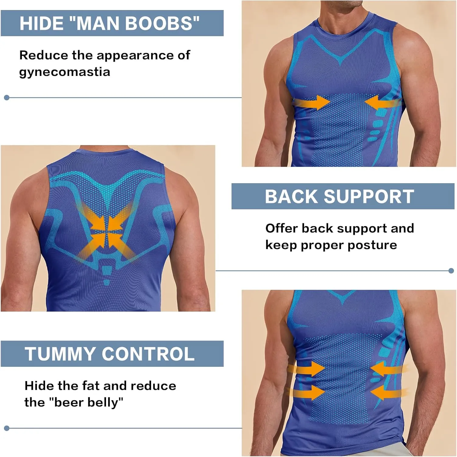 Beotyshow Ionic Shaping Sleeveless Shirt Gynecomastia Compression Tank Top Body Shaper Slimming Vest Shapewear Undershirt