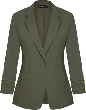 Blazers for Women Dressy Casual Ruched 3/4 Sleeve Lapel Button Work Office Cardigan Suit Jacket with Pockets
