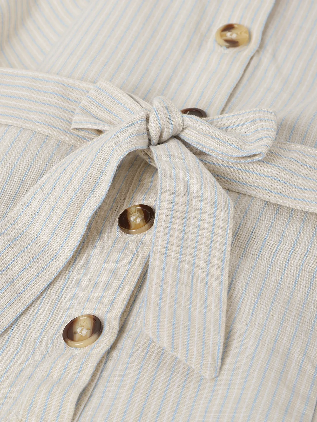 Blue Giraffe Girls Beige Striped Square Neck Sleeveless Playsuit