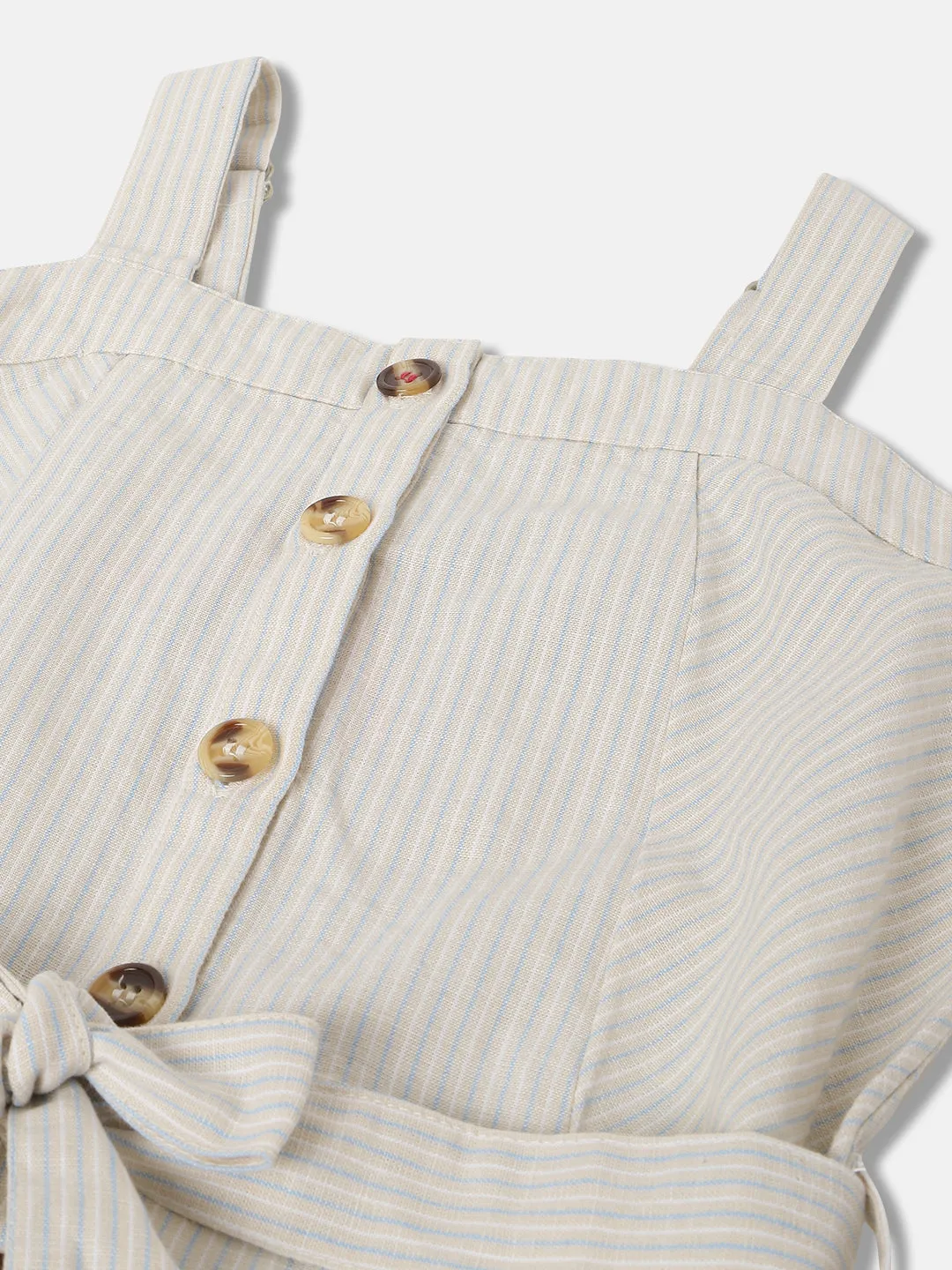 Blue Giraffe Girls Beige Striped Square Neck Sleeveless Playsuit