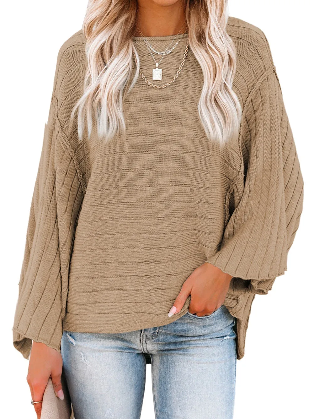 Brown Ribbed Knit Dolman Sleeve Top with Exposed Seams