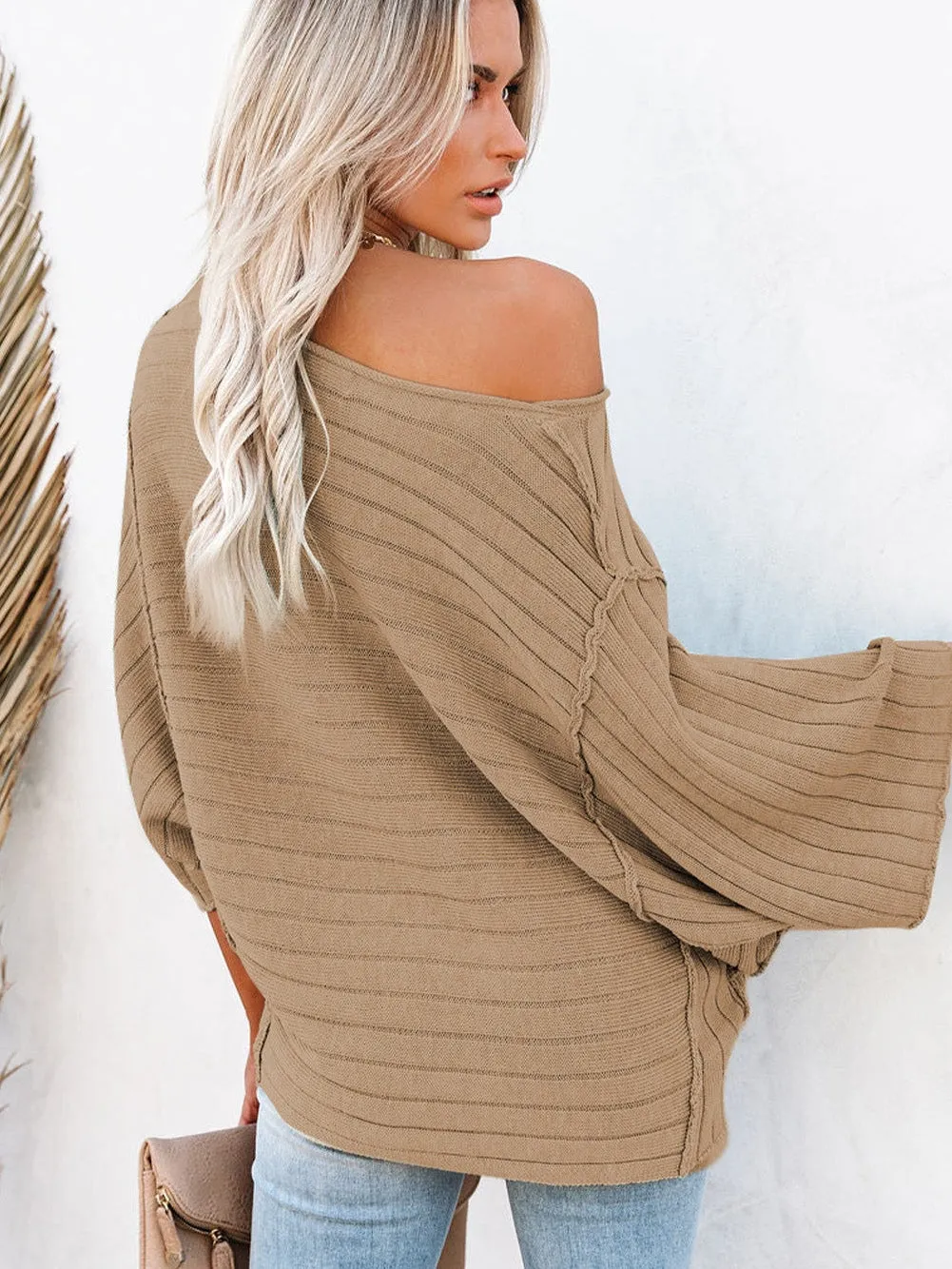 Brown Ribbed Knit Dolman Sleeve Top with Exposed Seams