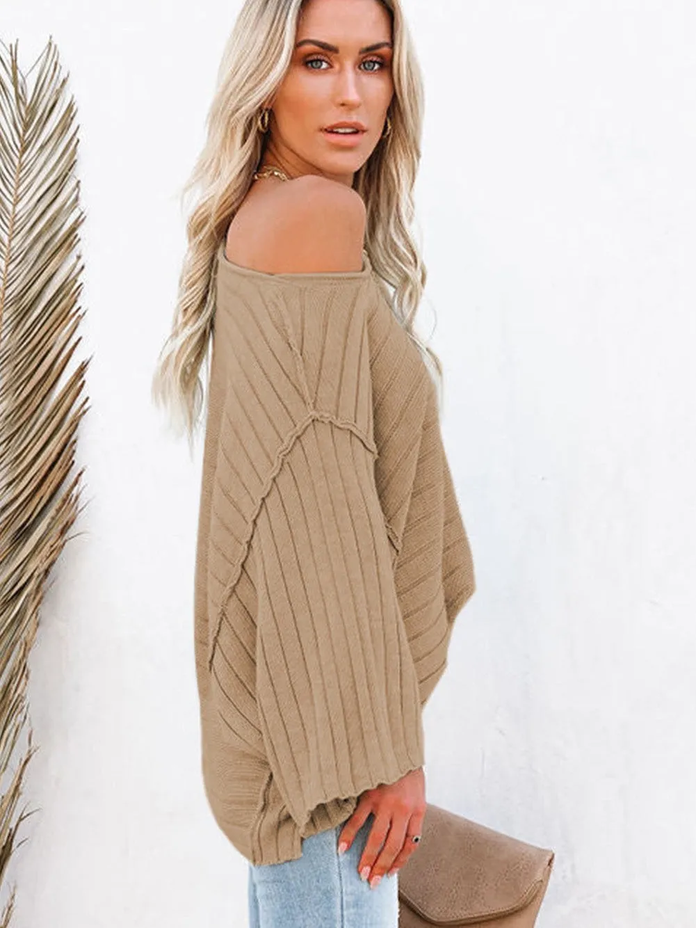Brown Ribbed Knit Dolman Sleeve Top with Exposed Seams