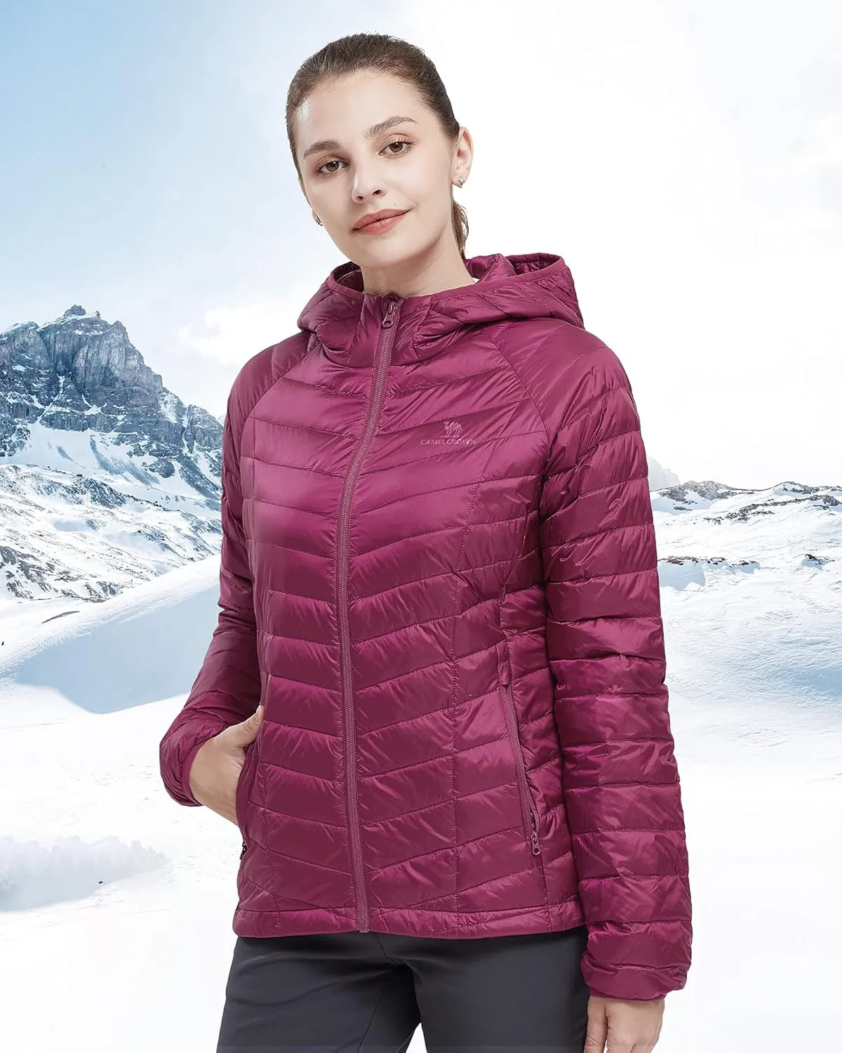 CAMELSPORTS Women's Down Jacket Hooded Winter Light Weight Short Puffer Coats Packable Warm Windproof Ladies Parka