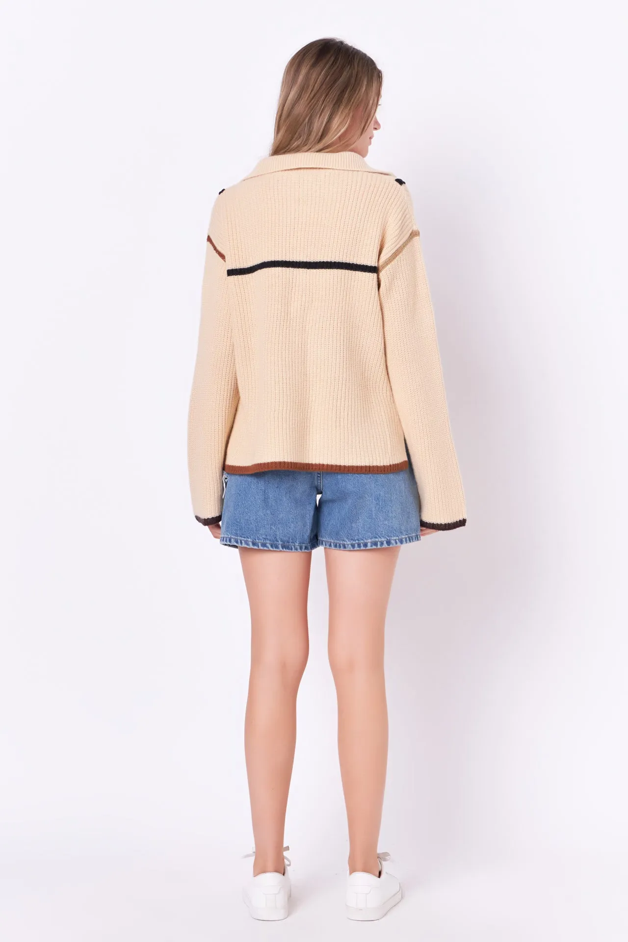 Contrast Piping Quarter-Zip Oversized Sweater