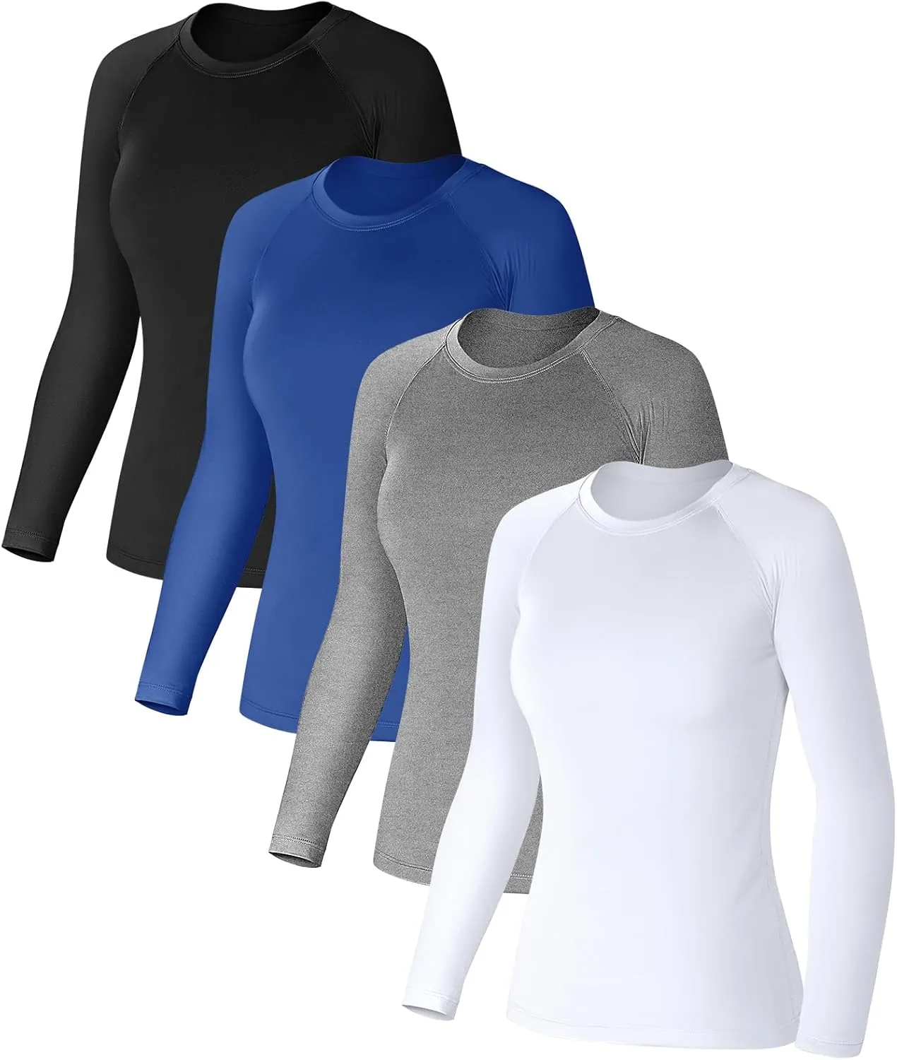 Coume 4 Pack Women's Compression Long Sleeve Shirts Crew Neck Workout Tops Quick Dry Gym Running Athletic Sports Underscrubs