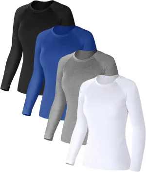 Coume 4 Pack Women's Compression Long Sleeve Shirts Crew Neck Workout Tops Quick Dry Gym Running Athletic Sports Underscrubs