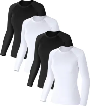 Coume 4 Pack Women's Compression Long Sleeve Shirts Crew Neck Workout Tops Quick Dry Gym Running Athletic Sports Underscrubs