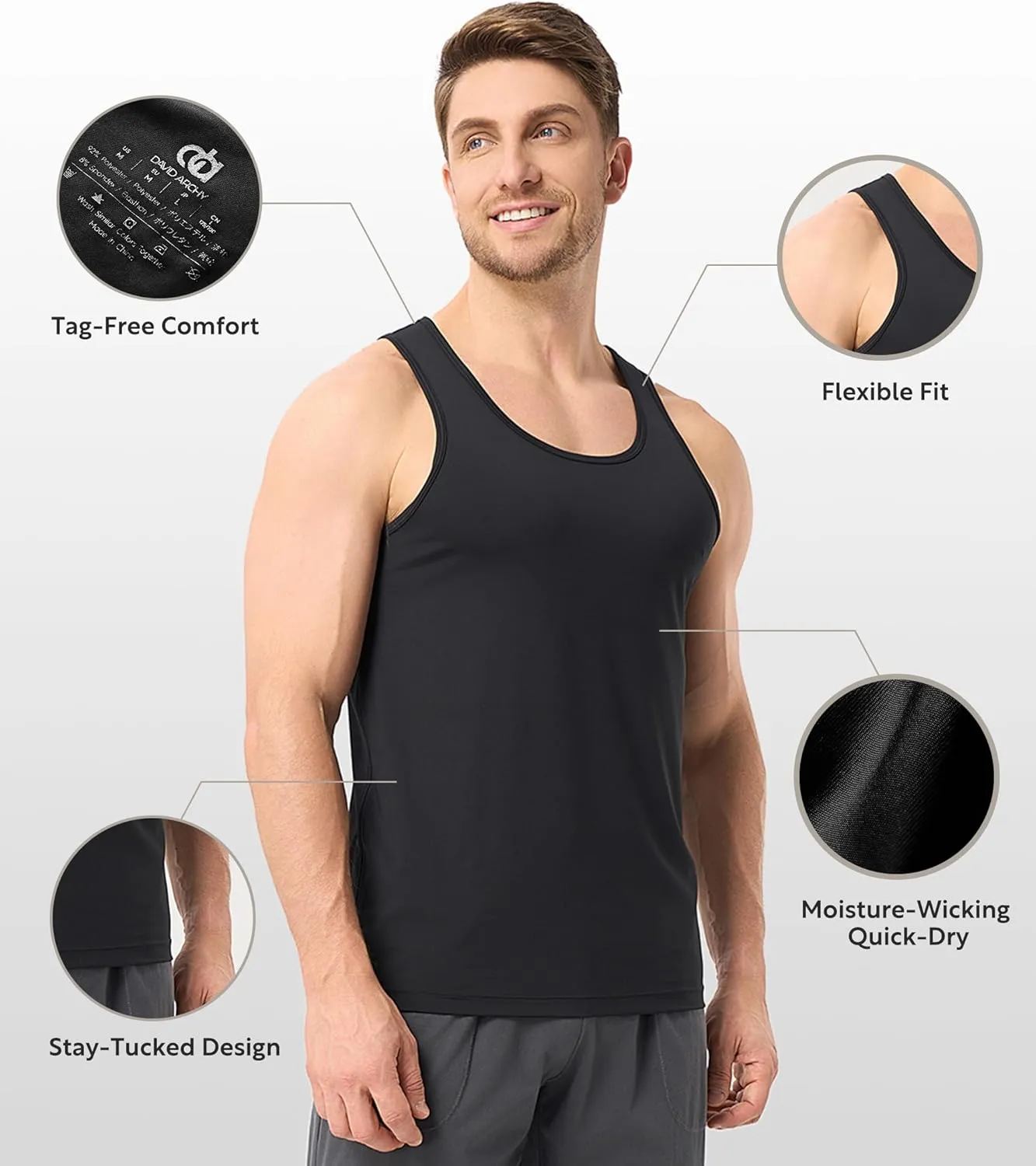 DAVID ARCHY Men's Tank Top Undershirt Moisture-Wicking Quick-Dry T-Shirts Soft Silky Undershirts Tank Shirt for Men 3 Pack