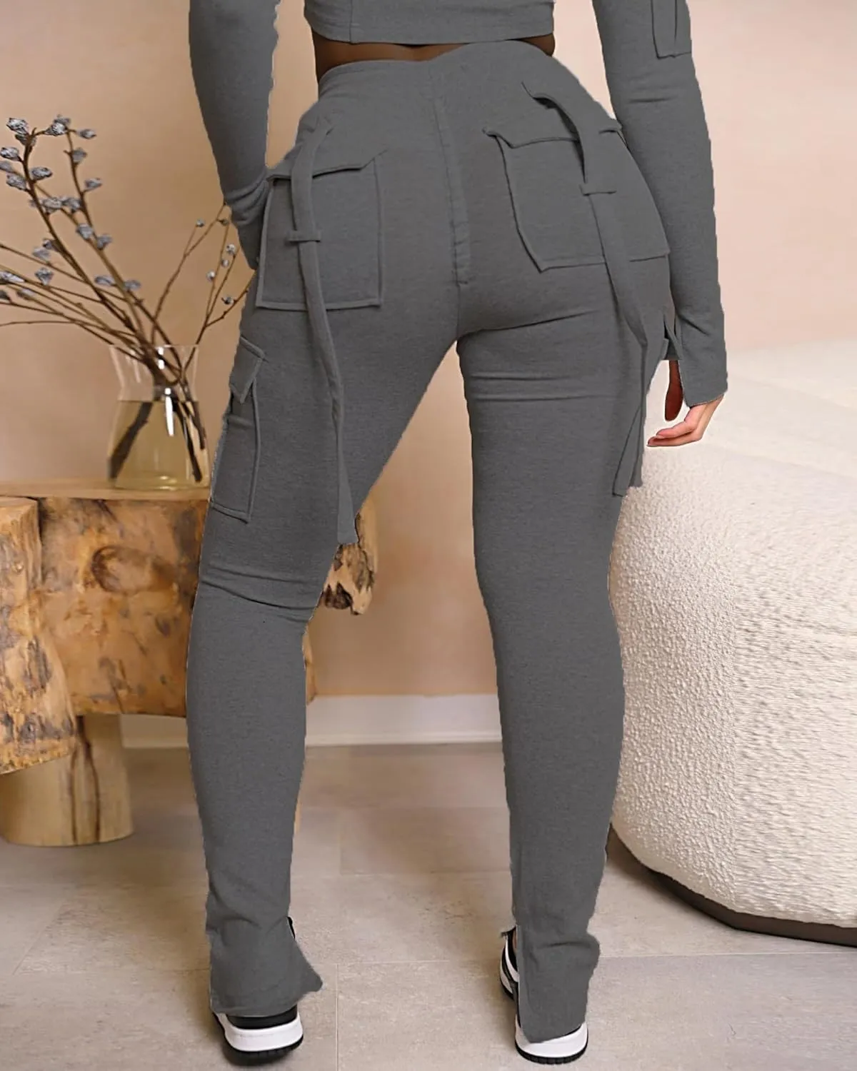 DINGANG Women'sDrawstring CargoSweatpants with Pockets, Stretchy Casual Joggers Lounge Leggings