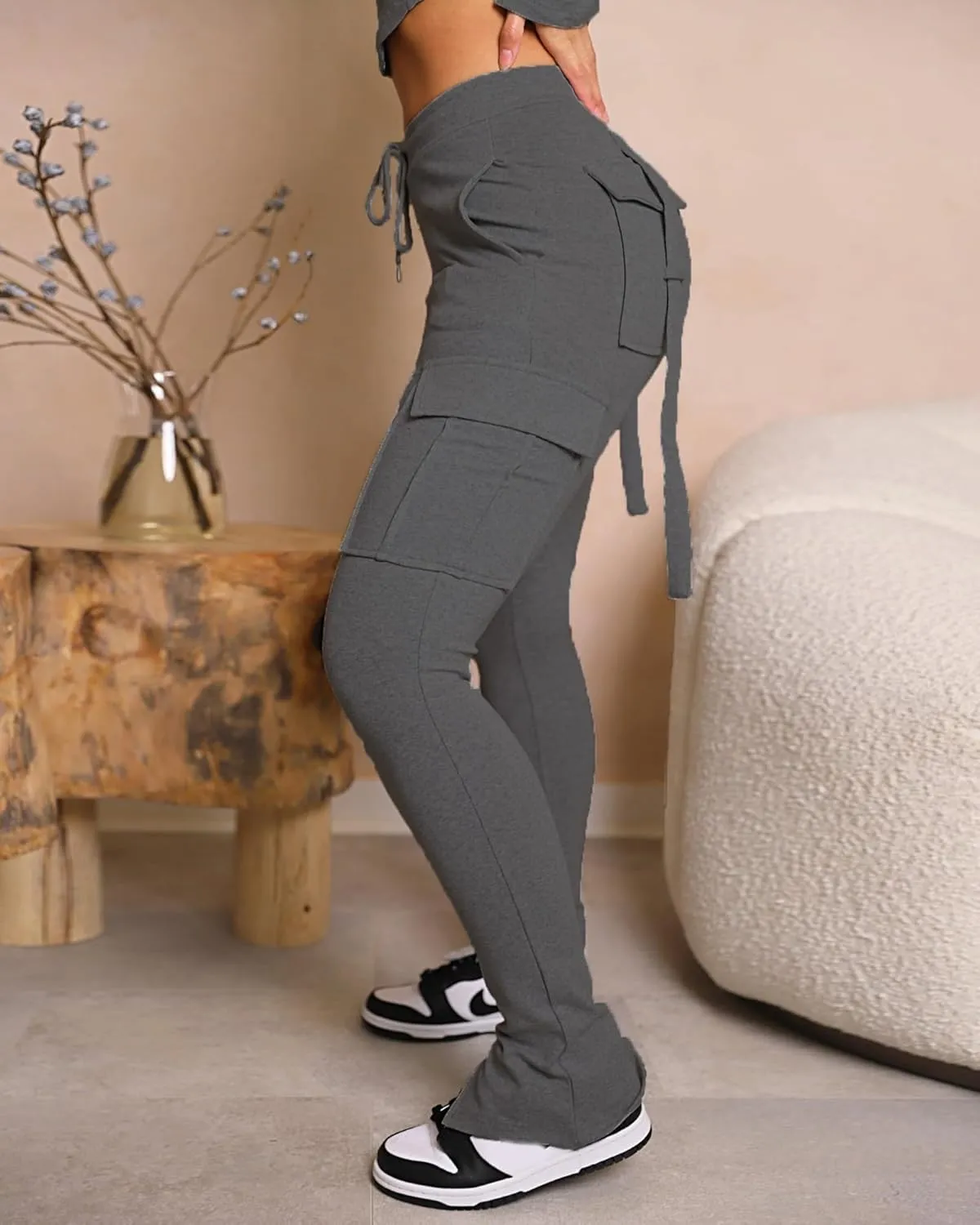 DINGANG Women'sDrawstring CargoSweatpants with Pockets, Stretchy Casual Joggers Lounge Leggings