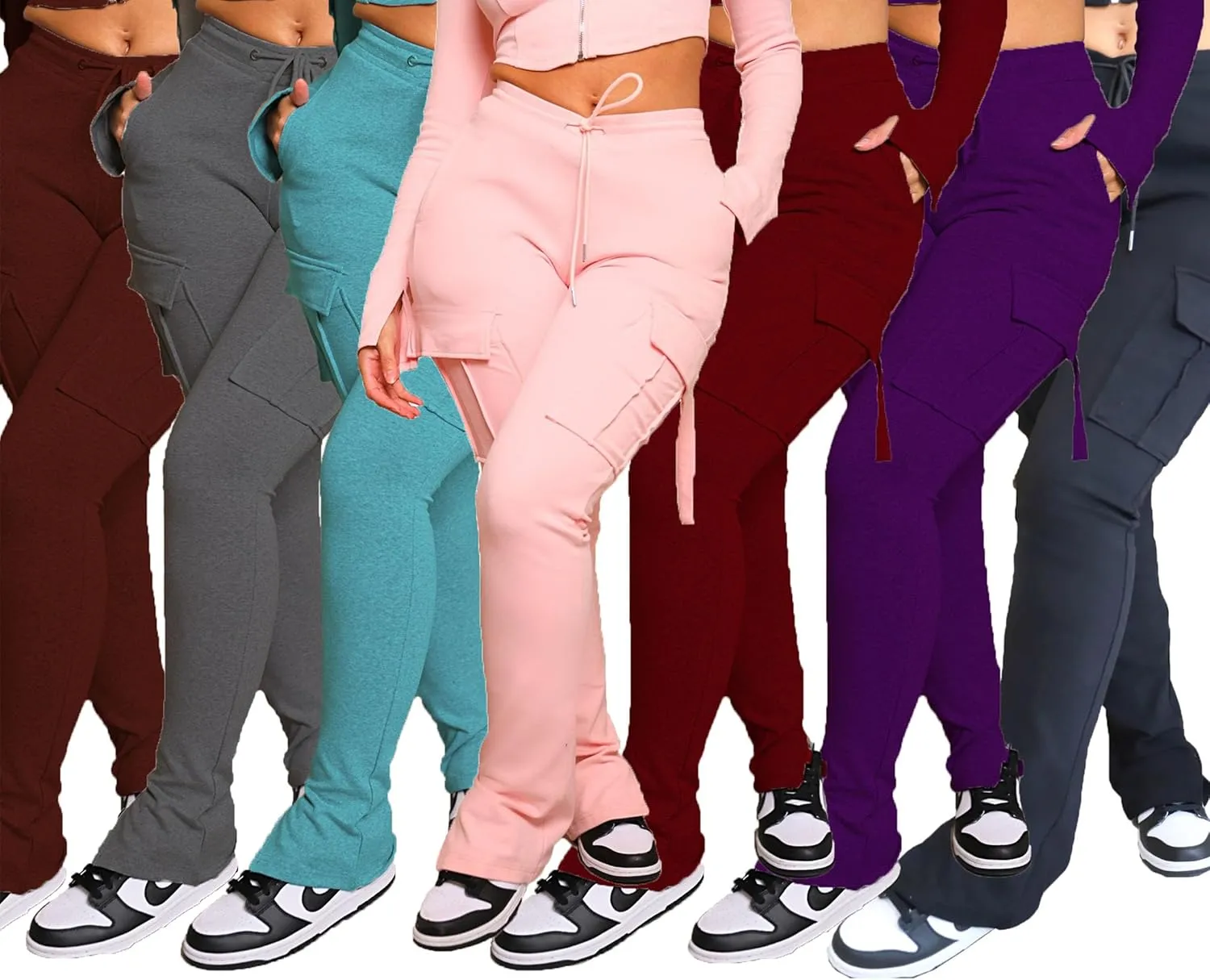 DINGANG Women'sDrawstring CargoSweatpants with Pockets, Stretchy Casual Joggers Lounge Leggings