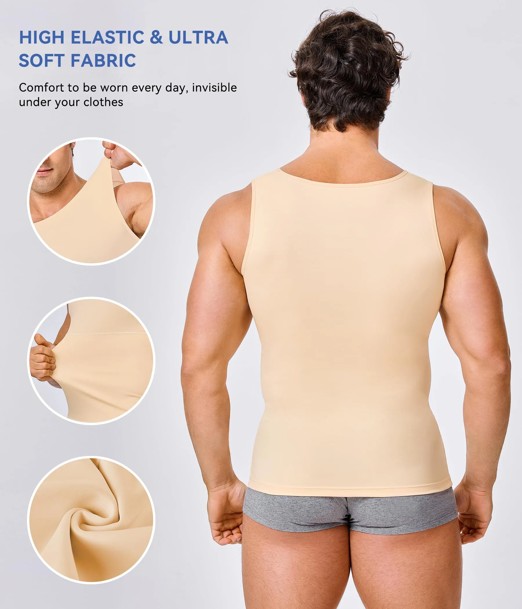 Eleady Mens Slimming Body Shaper Vest Compression Shirt Abs Abdomen Shapewear Workout Tank Top Undershirt (Large, Beige Tops)