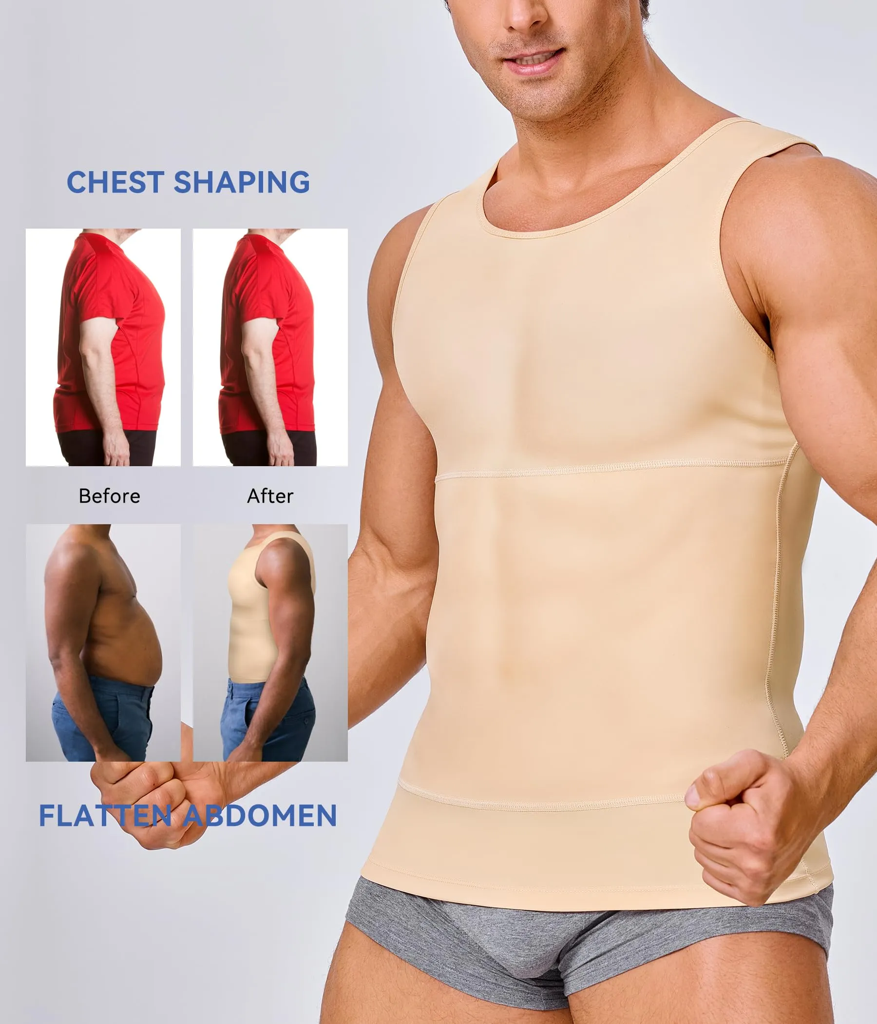 Eleady Mens Slimming Body Shaper Vest Compression Shirt Abs Abdomen Shapewear Workout Tank Top Undershirt (Large, Beige Tops)