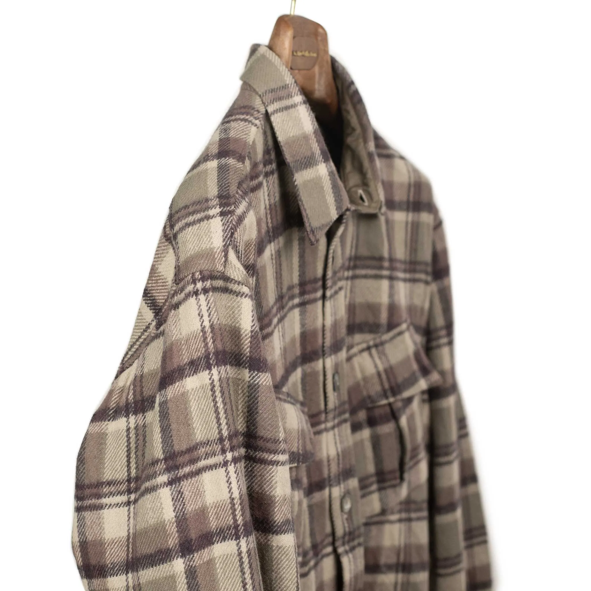 Fatigue shirt in heavy taupe and mauve plaid cotton flannel