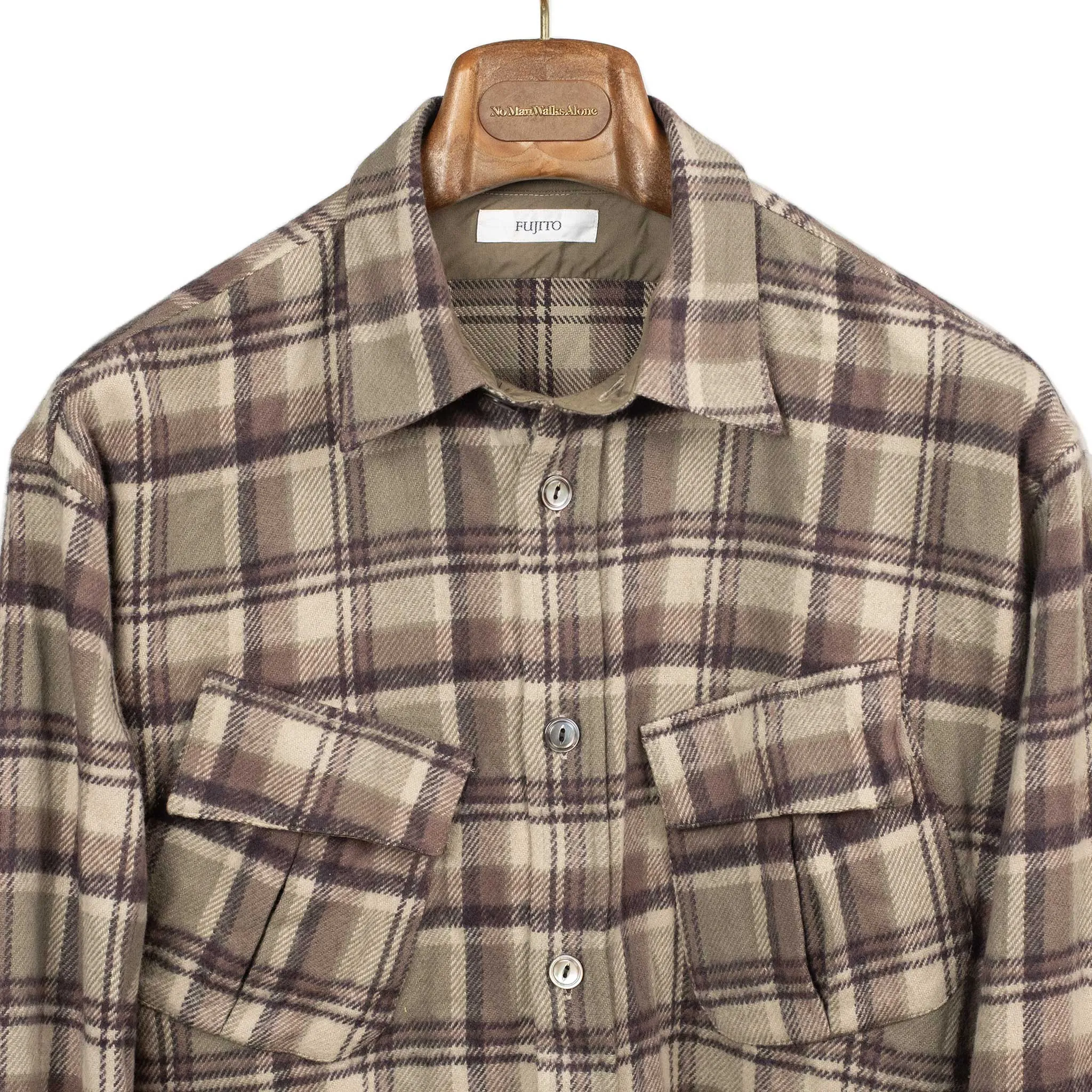 Fatigue shirt in heavy taupe and mauve plaid cotton flannel