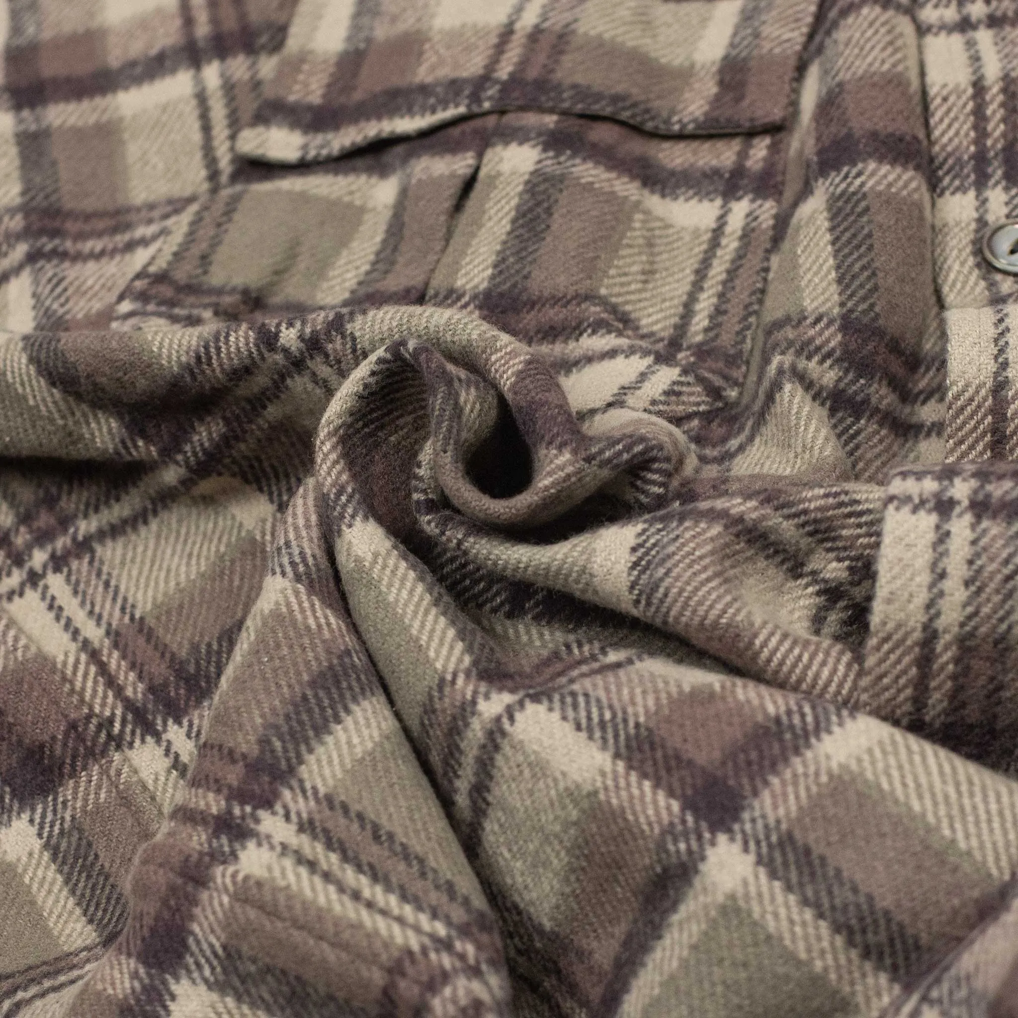 Fatigue shirt in heavy taupe and mauve plaid cotton flannel