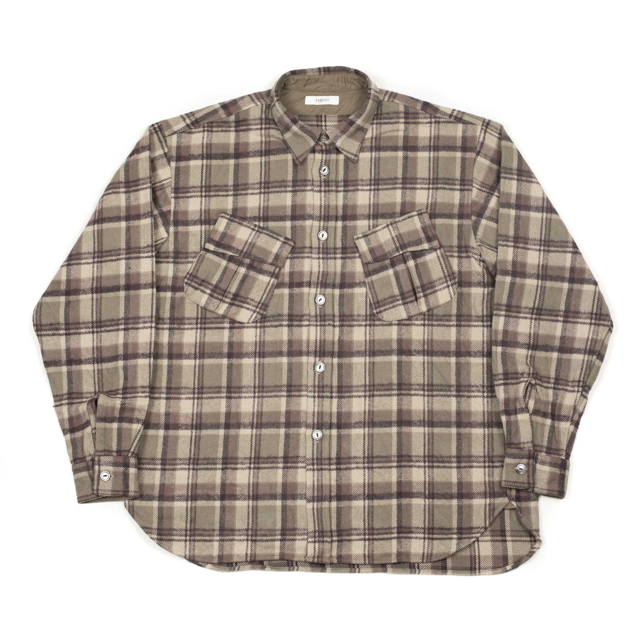 Fatigue shirt in heavy taupe and mauve plaid cotton flannel