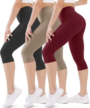 FEYHAY 3 Pack Capri Leggings for Women - High Waisted Yoga Pants Buttery Soft Stretchy Workout Running Cycling