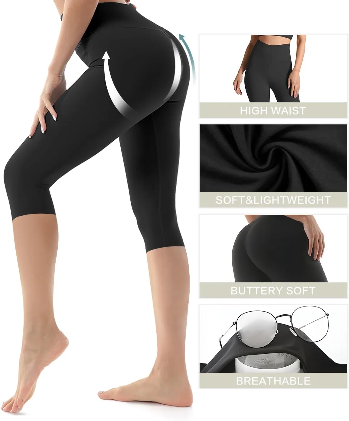 FEYHAY 3 Pack Capri Leggings for Women - High Waisted Yoga Pants Buttery Soft Stretchy Workout Running Cycling