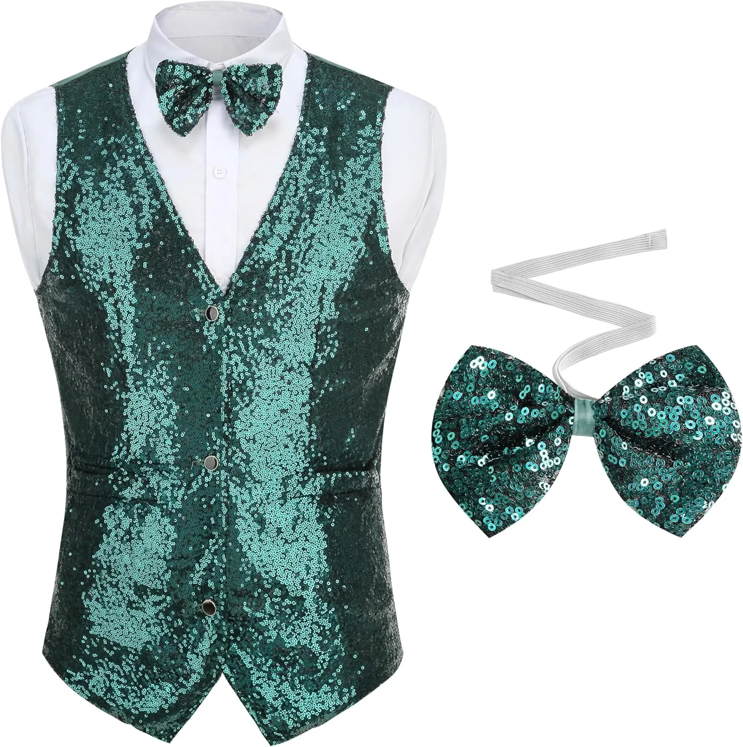 GRAJTCIN Mens Sequin Vest V-Neck Prom Vest Jacket Shiny Party Dress Suit Waistcoat Bowtie Set