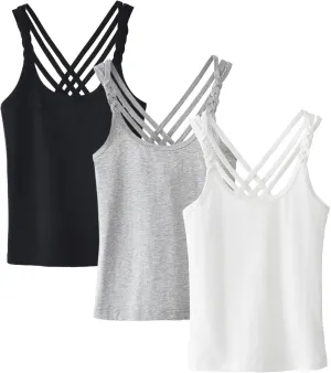 Happy Cherry Girls Tank Tops 3 Pieces Soft Solid Camisole Undershirts Kids Twist Sleeve Racerback Dance Cami Vests