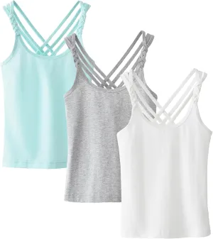 Happy Cherry Girls Tank Tops 3 Pieces Soft Solid Camisole Undershirts Kids Twist Sleeve Racerback Dance Cami Vests