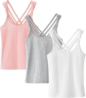 Happy Cherry Girls Tank Tops 3 Pieces Soft Solid Camisole Undershirts Kids Twist Sleeve Racerback Dance Cami Vests