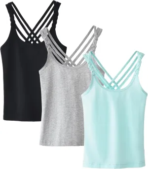 Happy Cherry Girls Tank Tops 3 Pieces Soft Solid Camisole Undershirts Kids Twist Sleeve Racerback Dance Cami Vests