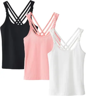 Happy Cherry Girls Tank Tops 3 Pieces Soft Solid Camisole Undershirts Kids Twist Sleeve Racerback Dance Cami Vests