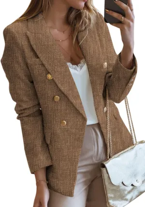 Happy Sailed Womens Fashion Tweed Blazers 2024 Spring Long Sleeve Turn Down Collar Double Breasted Blazer Jackets Office Professional Business Casual Clothes for Women Brown XX-Large