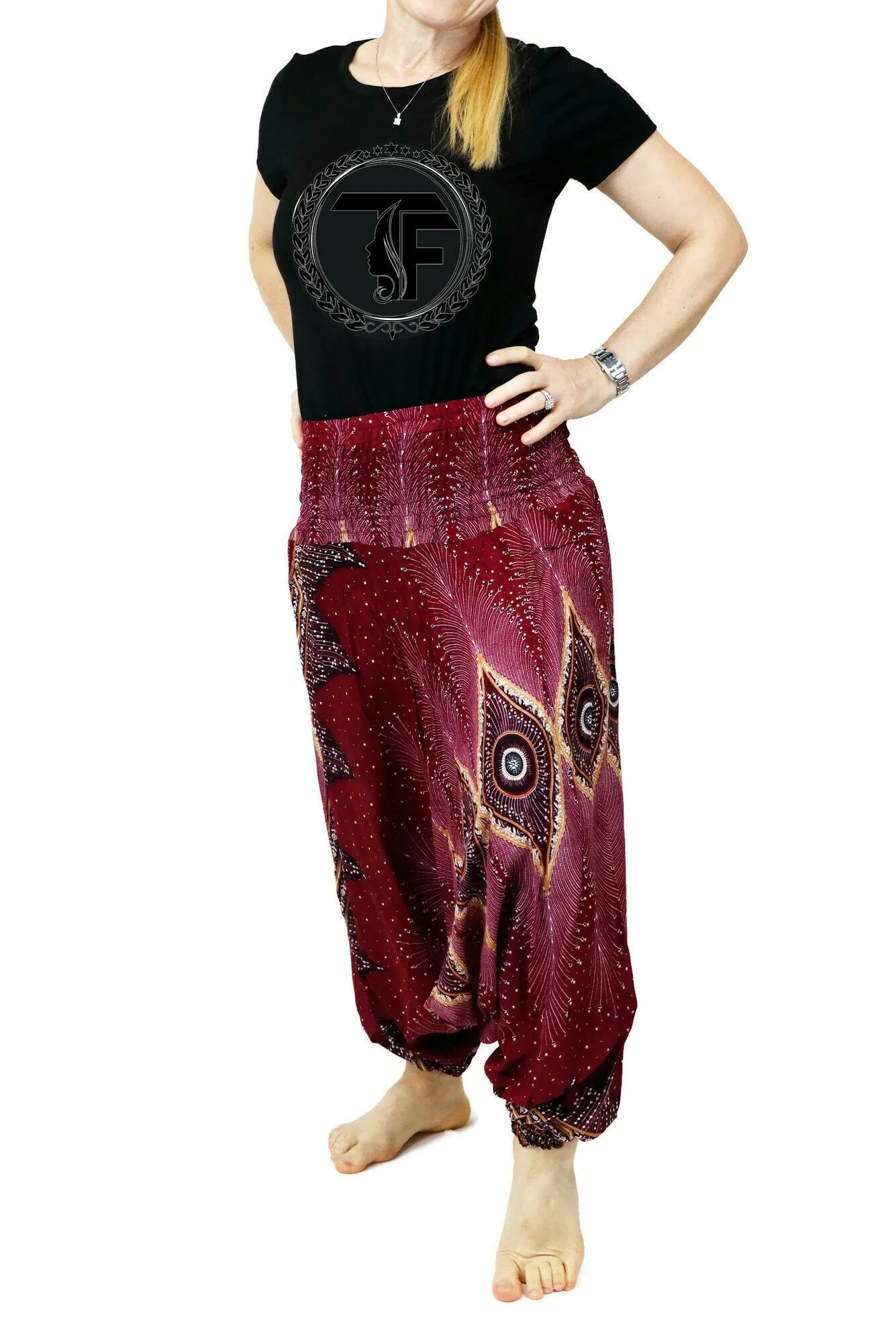 Harem Pants Yoga Pants Hippie Clothes Drop Crotch Peacock Floral Design Gypsy Pants Genie Jumpsuits Rompers PH04 Red