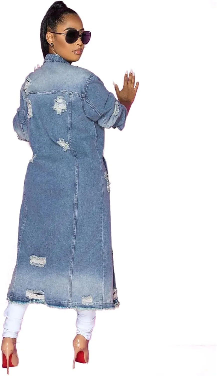 JEsilunmaMY Plus Size Jean Jacket for Women Long Sleeve Button Down Loose Denim Coat Loose Oversized Distressed Trench Coats