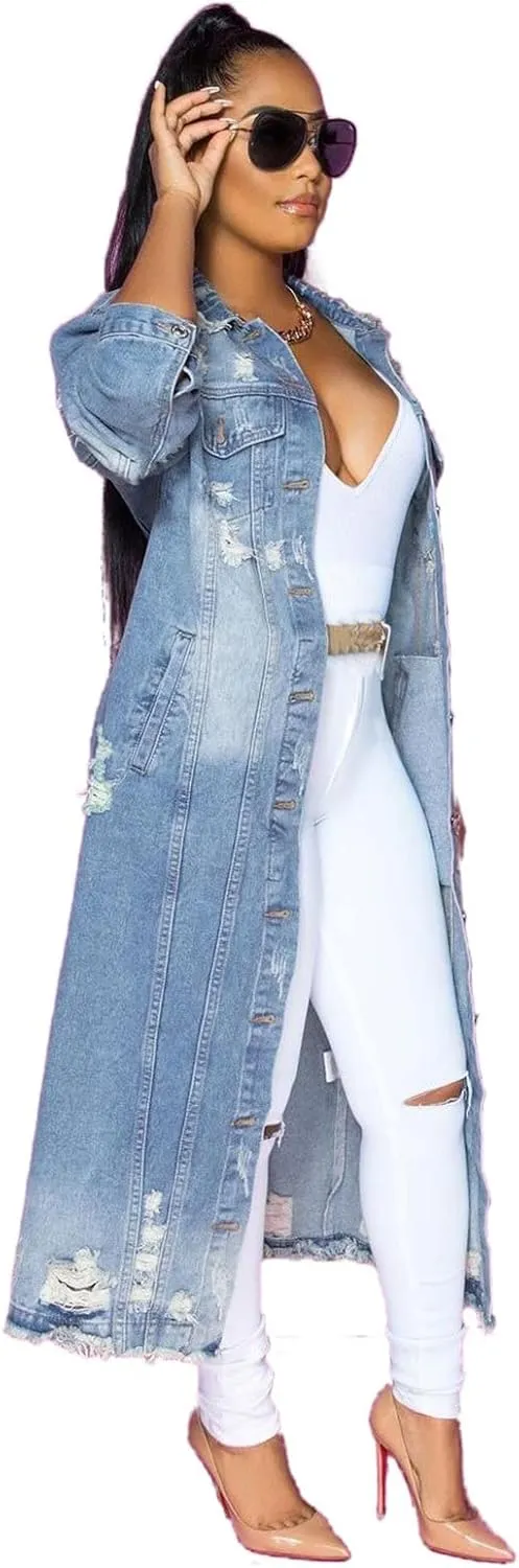 JEsilunmaMY Plus Size Jean Jacket for Women Long Sleeve Button Down Loose Denim Coat Loose Oversized Distressed Trench Coats