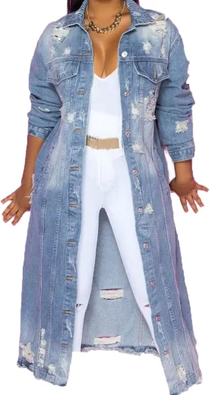 JEsilunmaMY Plus Size Jean Jacket for Women Long Sleeve Button Down Loose Denim Coat Loose Oversized Distressed Trench Coats