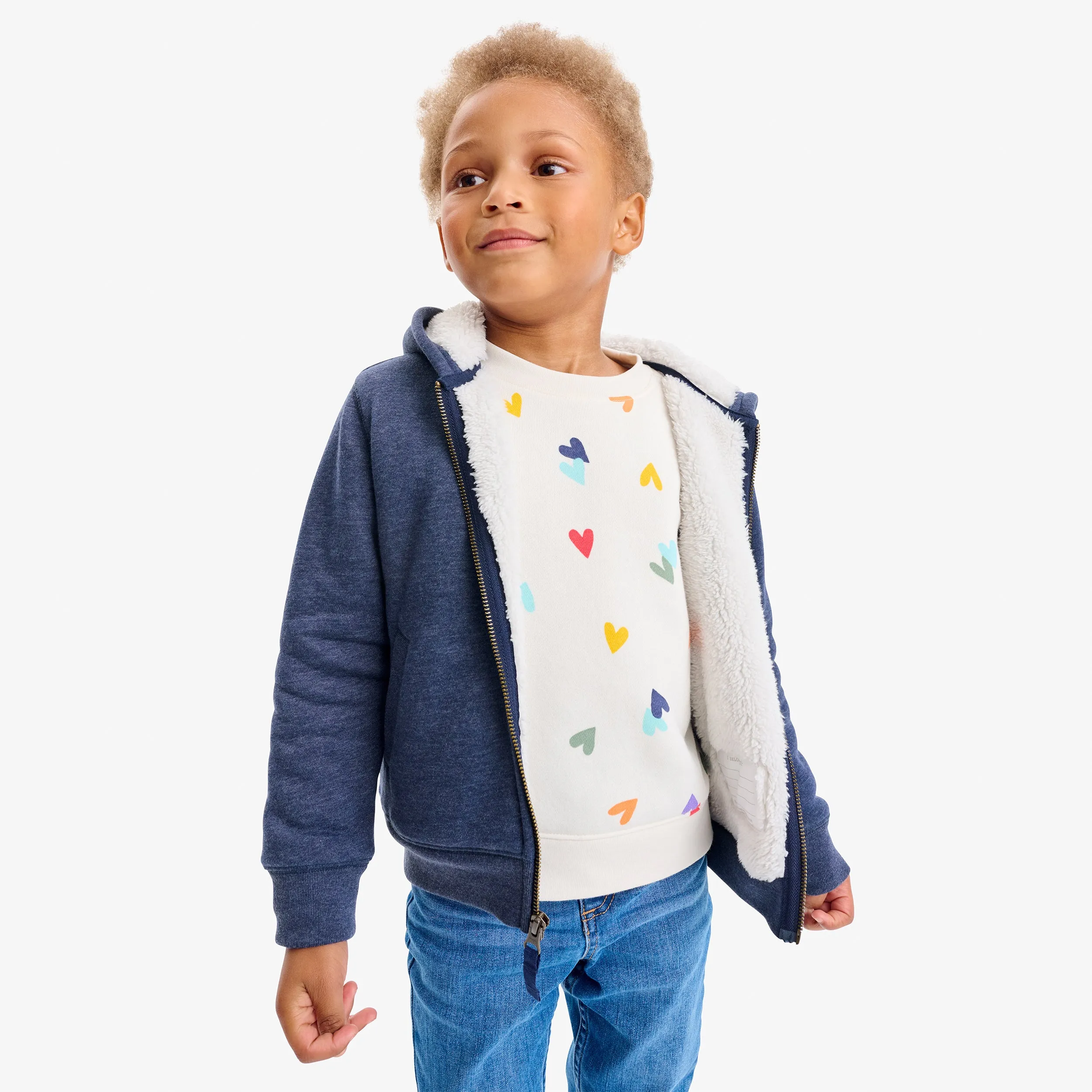 Kids cozy fleece sweatshirt in rainbow confetti hearts