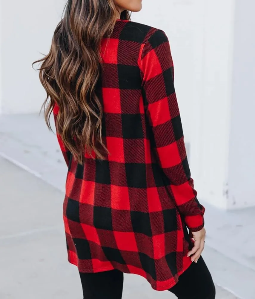 Lacozy Women's Open Front Long Cardigan Draped Snap Buffalo Plaid Shirt Kimono Cardigan Knit Sweater