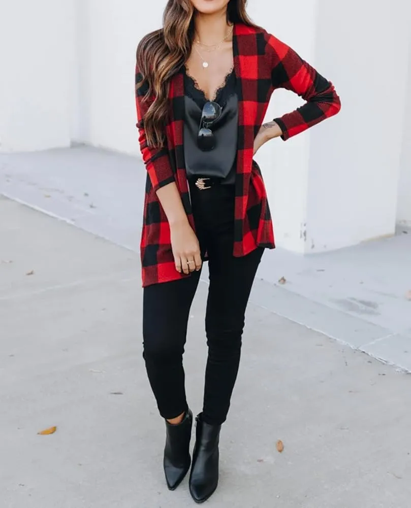 Lacozy Women's Open Front Long Cardigan Draped Snap Buffalo Plaid Shirt Kimono Cardigan Knit Sweater